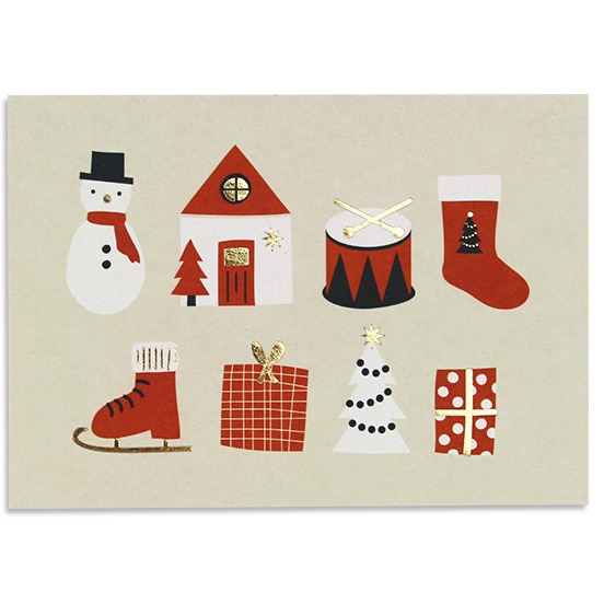 DIN A6 Postkarte Weihnachtszeit "Trommel,Haus,Strumpf I beige, rot" - Ava&Yves